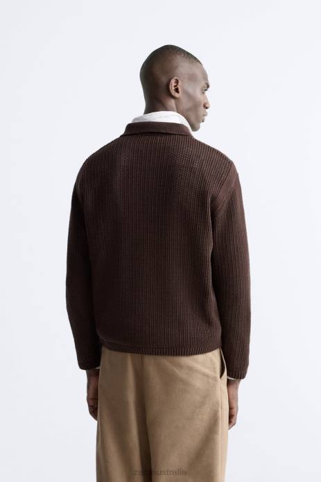 Open Structured Knit Polo 822X1032 Zara Clothing Men Chocolate