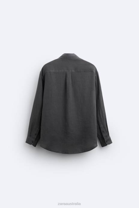 100% Linen Shirt 822X1021 Zara Clothing Men Anthracite Grey