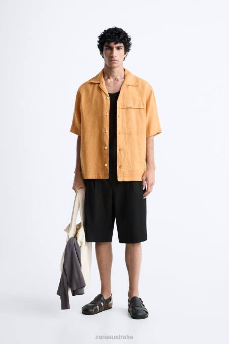 100% Linen Shirt 822X1022 Zara Clothing Men Orange