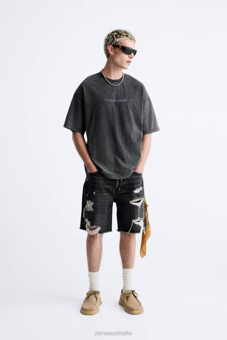 Acid Wash Text T-Shirt 822X1214 Zara Clothing Men Faded Black