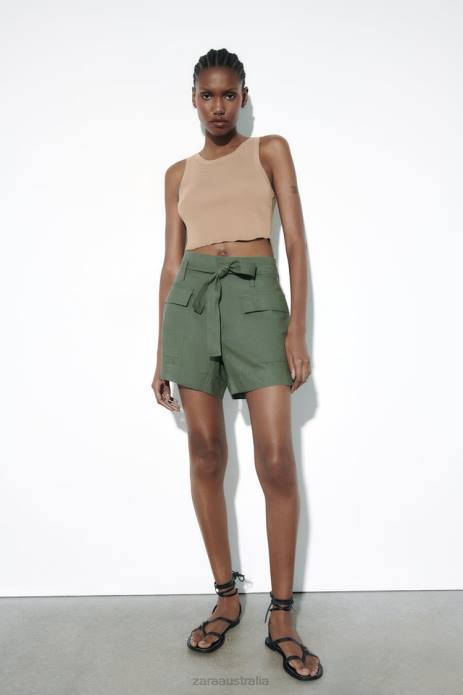 Belted Linen Blend Shorts 822X609 Zara Clothing Women Khaki