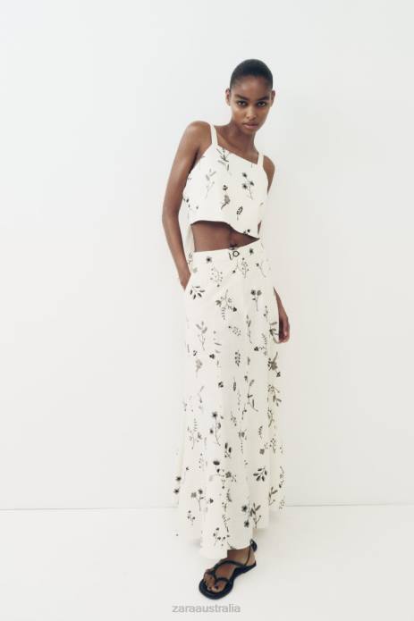 Embroidered Linen Blend Skirt 822X671 Zara Clothing Women Ecru