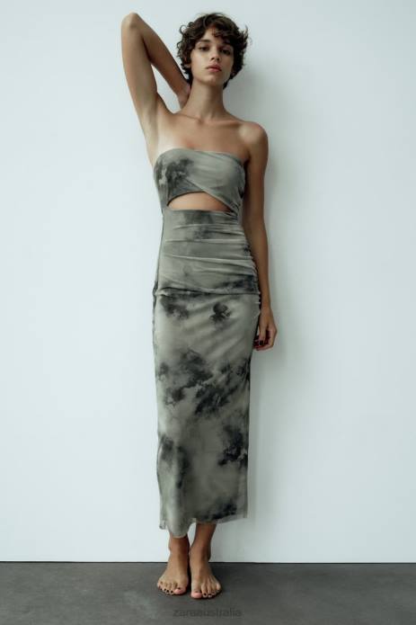 Cut Out Printed Tulle Dress 822X244 Zara Clothing Women Greens
