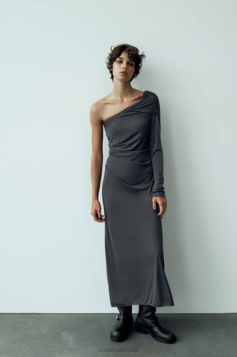 Draped Asymmetrical Dress 822X243 Zara Clothing Women Anthracite Gray