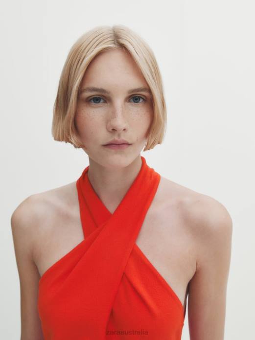 Gathered Crossover Halter Neck Dress 822X860 Zara Clothing Women Orange