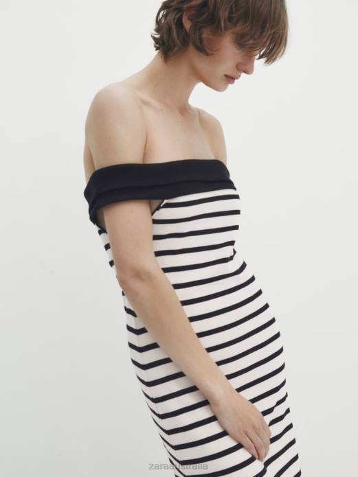 Striped Midi Dress With Contrast Boat Neck 822X866 Zara Clothing Women Oyster White