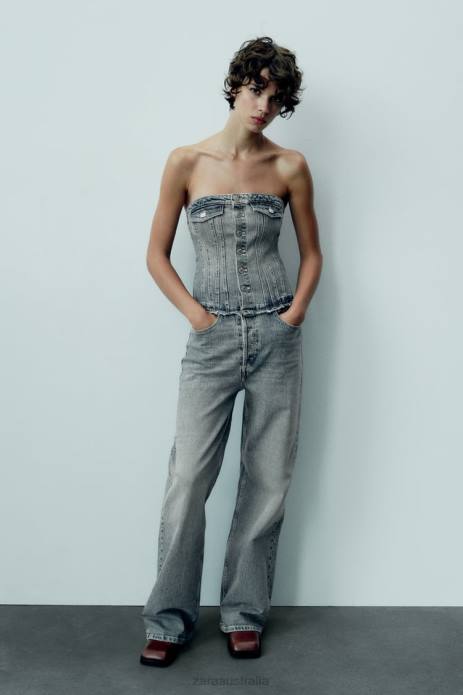 Trf Strapless Denim Jumpsuit 822X246 Zara Clothing Women Navy Blue