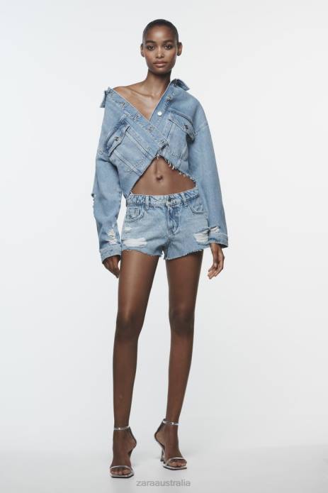Cropped Ripped Z1975 Denim Jacket 822X56 Zara Clothing Women Mid Blue