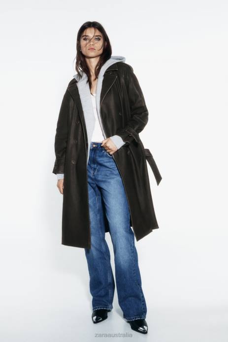 Distressed Faux Leather Trench Coat 822X42 Zara Clothing Women Black