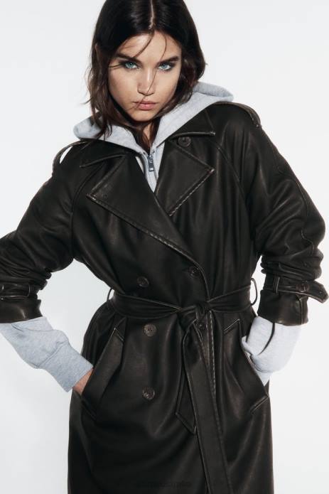 Distressed Faux Leather Trench Coat 822X42 Zara Clothing Women Black