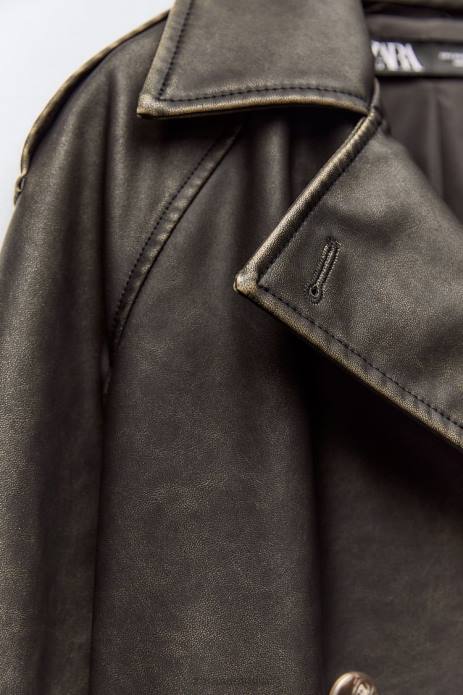 Distressed Faux Leather Trench Coat 822X42 Zara Clothing Women Black
