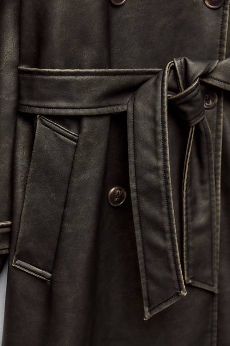 Distressed Faux Leather Trench Coat 822X42 Zara Clothing Women Black