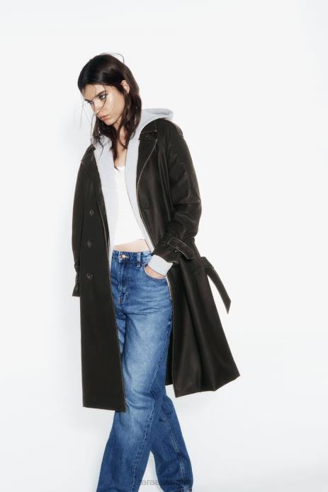 Distressed Faux Leather Trench Coat 822X42 Zara Clothing Women Black