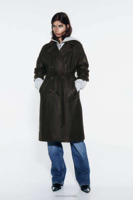 Distressed Faux Leather Trench Coat 822X42 Zara Clothing Women Black