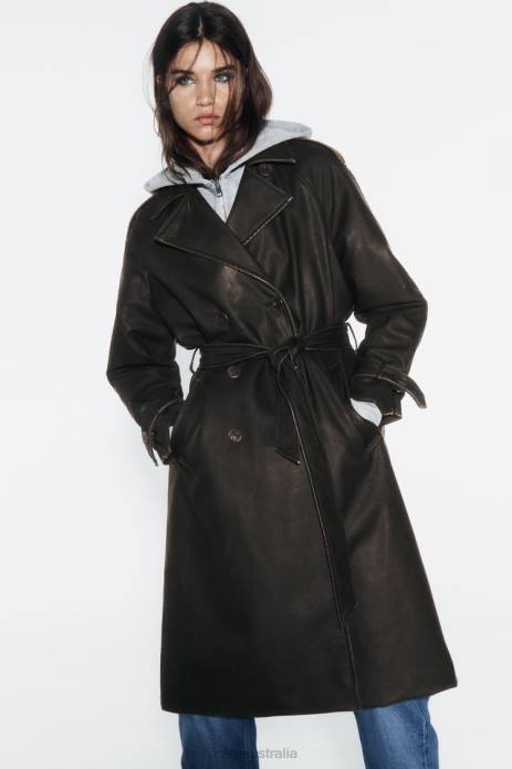 Distressed Faux Leather Trench Coat 822X42 Zara Clothing Women Black