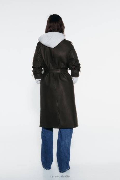 Distressed Faux Leather Trench Coat 822X42 Zara Clothing Women Black