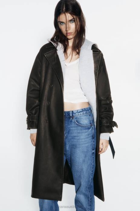 Distressed Faux Leather Trench Coat 822X42 Zara Clothing Women Black