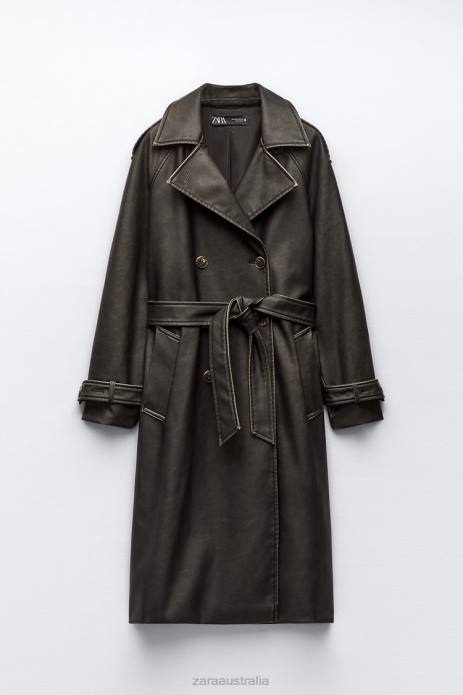 Distressed Faux Leather Trench Coat 822X42 Zara Clothing Women Black