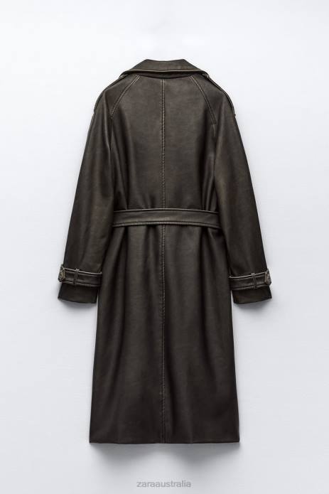 Distressed Faux Leather Trench Coat 822X42 Zara Clothing Women Black