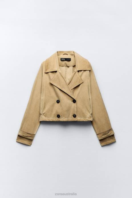 Faux Suede Cropped Trench Style Coat 822X11 Zara Clothing Women Taupe Brown