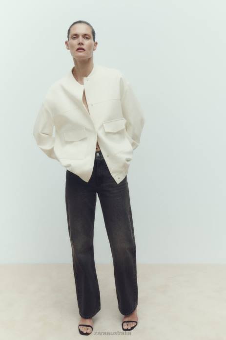 Long Bomber Jacket With Patch Pockets 822X89 Zara Clothing Women Oyster White