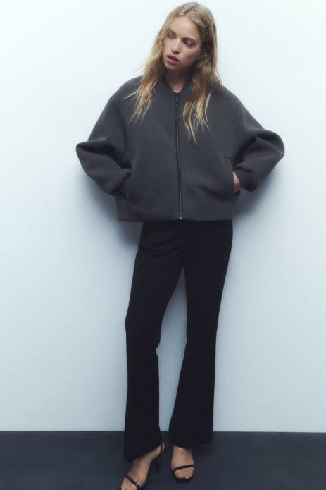 Neoprene Effect Bomber Jacket 822X49 Zara Clothing Women Dark Gray