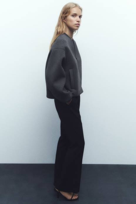 Neoprene Effect Bomber Jacket 822X49 Zara Clothing Women Dark Gray