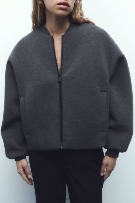 Neoprene Effect Bomber Jacket 822X49 Zara Clothing Women Dark Gray