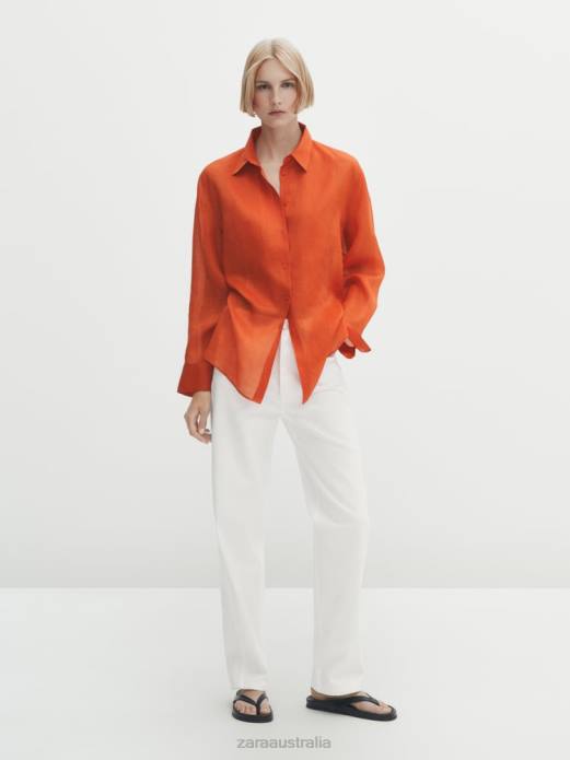 100% Ramie Shirt With Chest Detail 822X862 Zara Clothing Women Orange