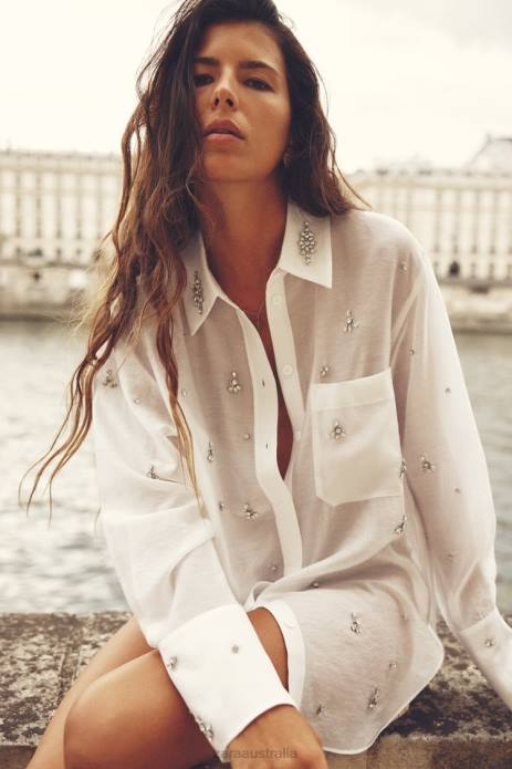 Embroidered Jewel Shirt 822X307 Zara Clothing Women Oyster White