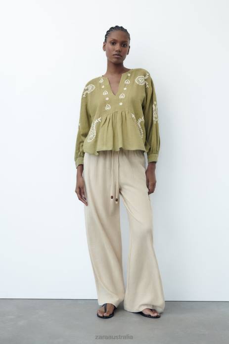 Embroidered Oversized Blouse 822X445 Zara Clothing Women Light Khaki