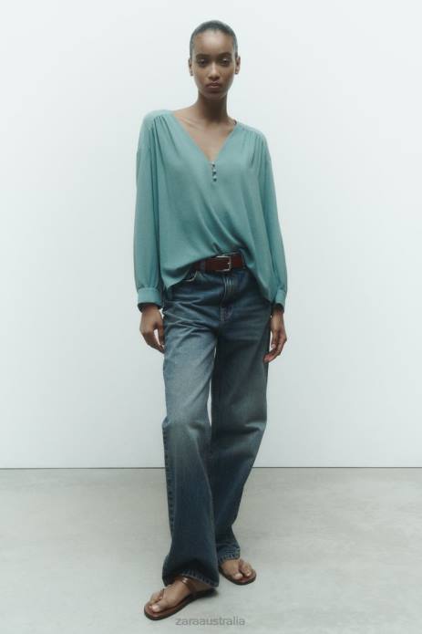 Gathered Flowing Oversized Blouse 822X454 Zara Clothing Women Blue/Steel
