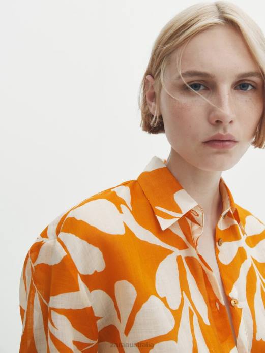 Ramie Shirt With Floral Graphic Print 822X864 Zara Clothing Women Oranges