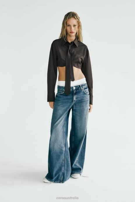 Striped Crop Shirt With Necktie 822X422 Zara Clothing Women Brown/Blue