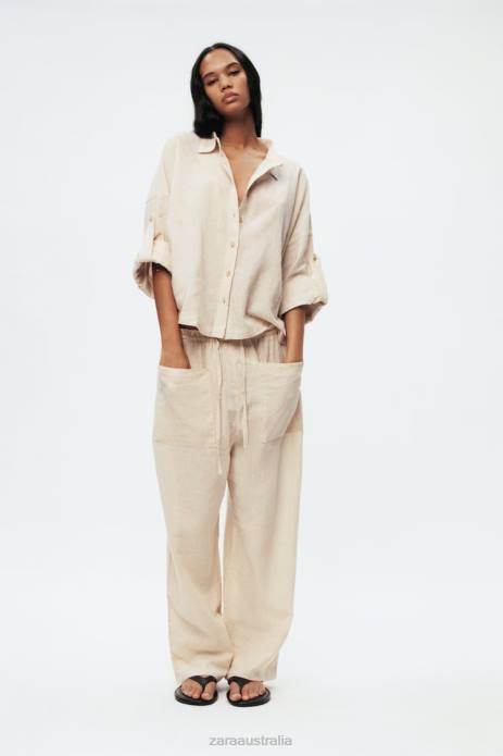 Striped Linen Blend Shirt 822X417 Zara Clothing Women Ecru/Beige