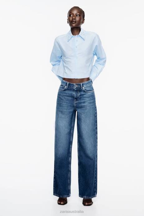 Studded Poplin Crop Shirt 822X424 Zara Clothing Women Sky Blue
